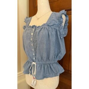 Simply Southern‎ Ruffled Chambray Top Womens S Blue Country Club Prep OOTD